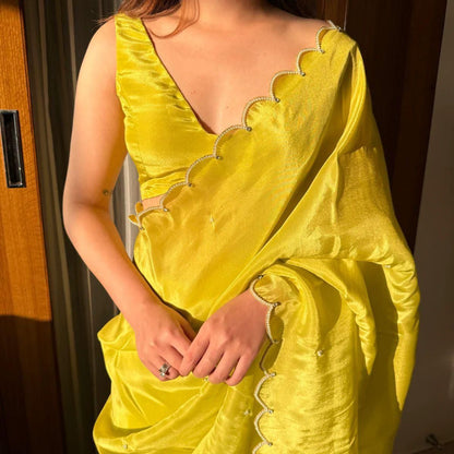 Lime Green Velvet Saree with Scallop Sequin Border