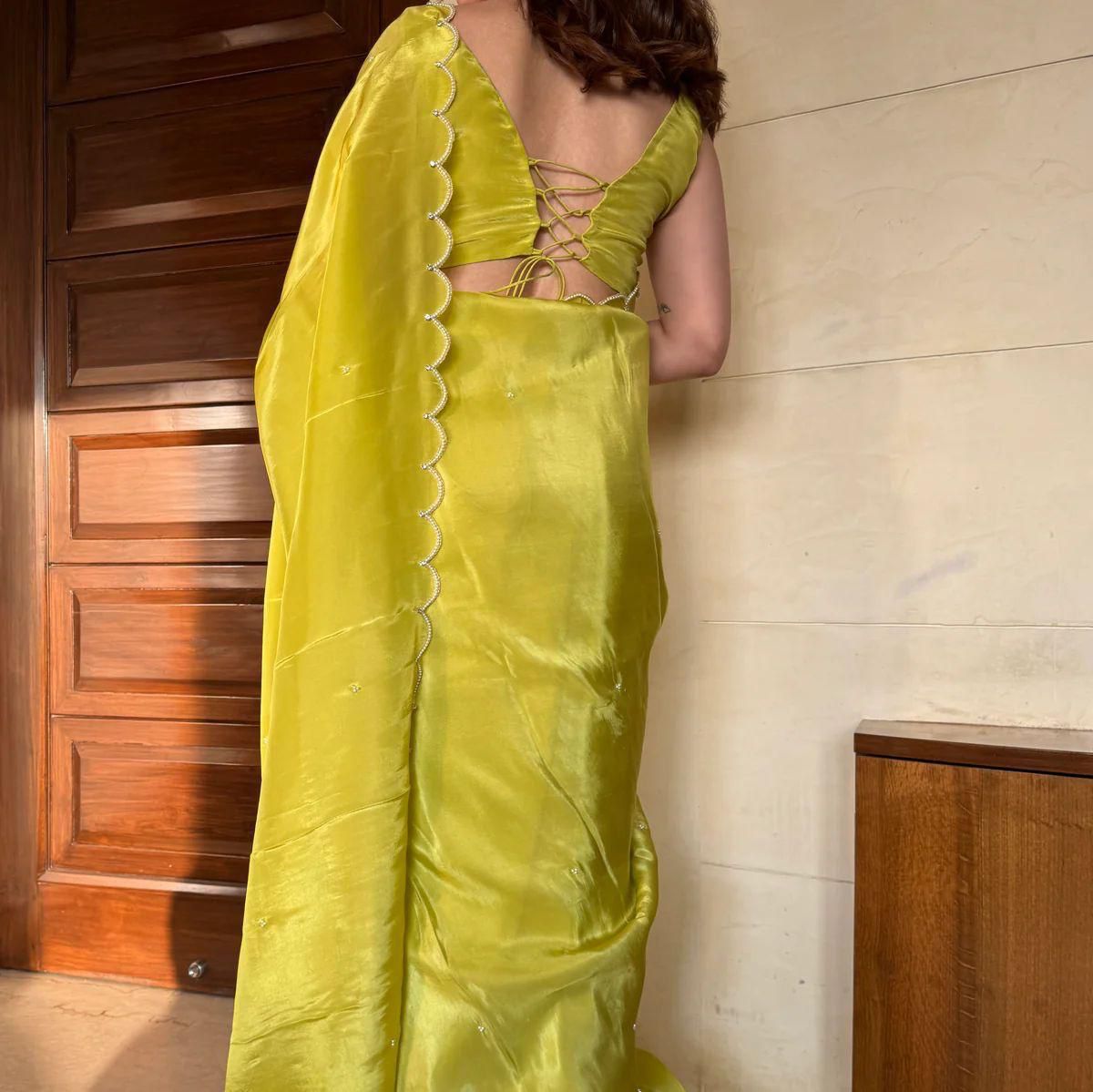 Lime Green Velvet Saree with Scallop Sequin Border