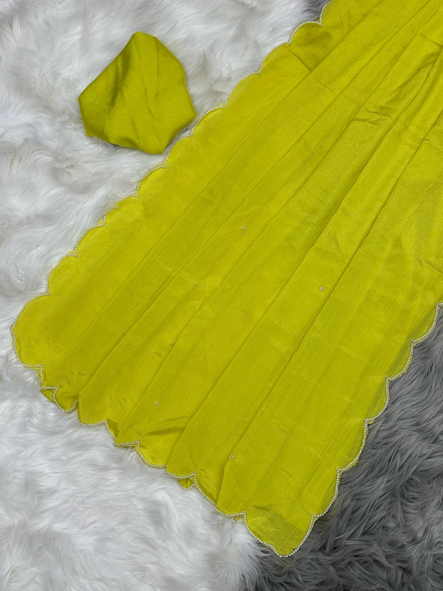 Lime Green Velvet Saree with Scallop Sequin Border