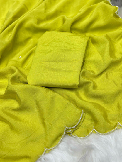 Lime Green Velvet Saree with Scallop Sequin Border