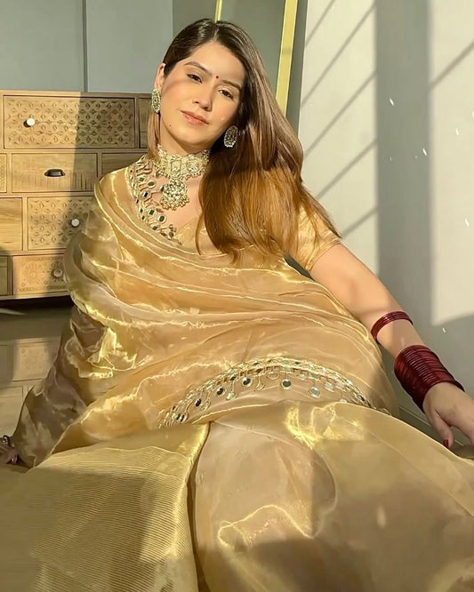 Golden Organza Saree with Hand Mirror Work Border