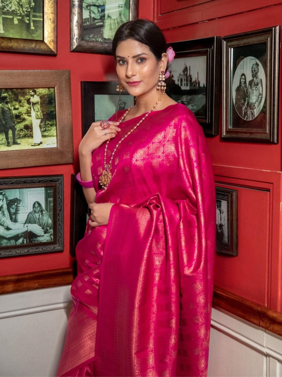 Banarasi Crimson Ruby Silk Saree with Gold Zari Weave