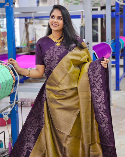 Olive & Plum Handloom Kanjivaram Silk Saree with Floral Motifs