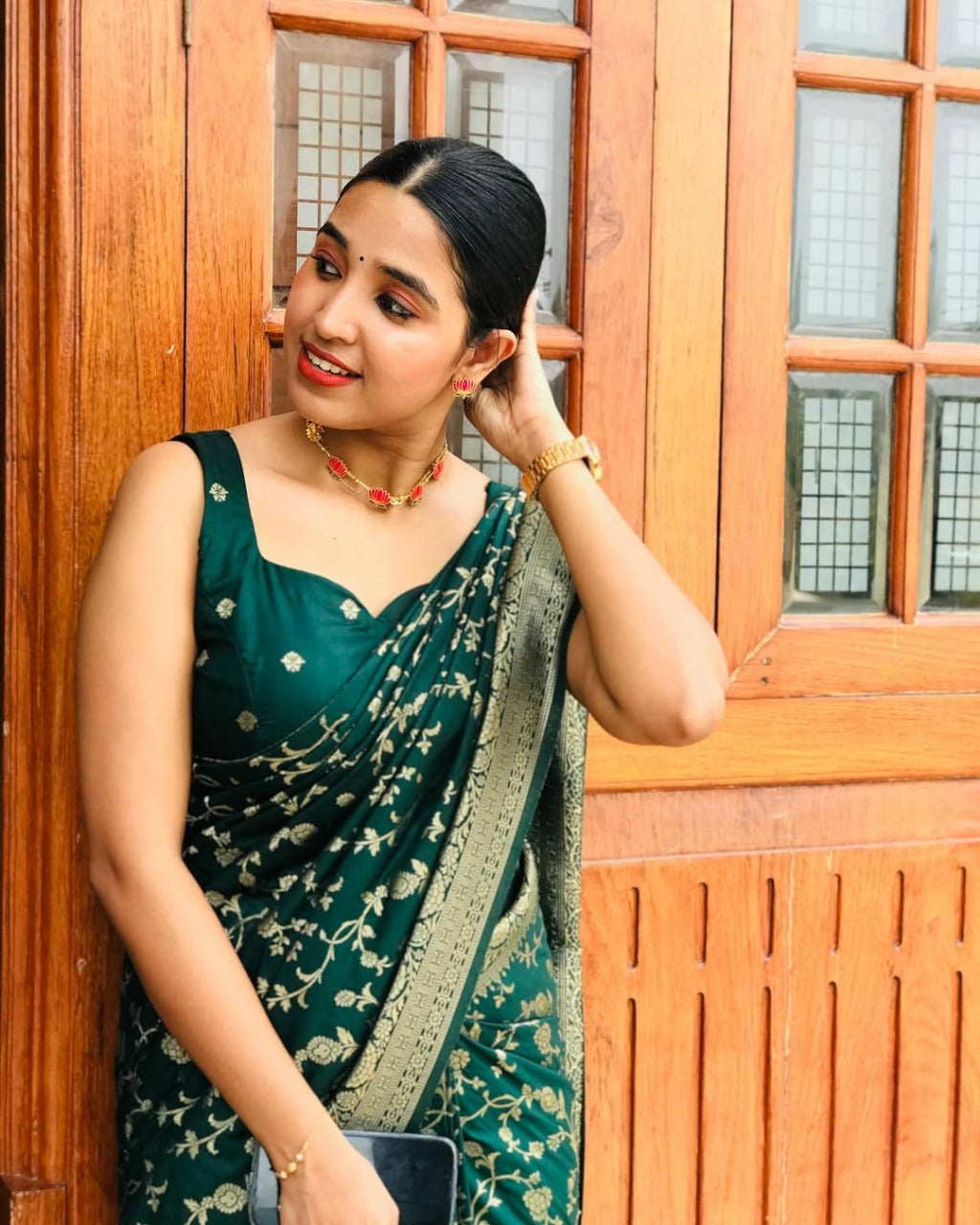 Deep Bottle Green Silk Saree with Zari Floral Vine & Tassel Pallu