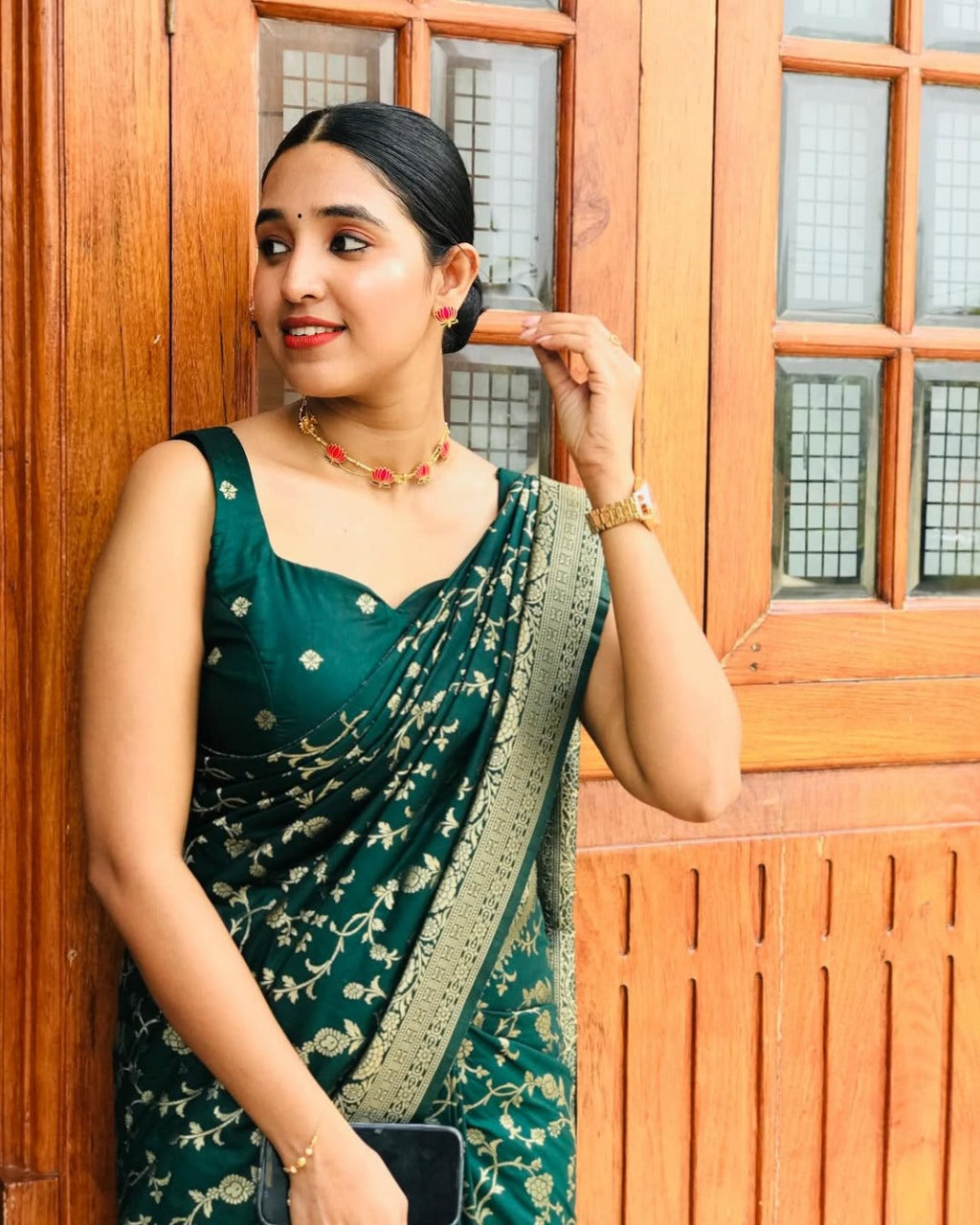 Deep Bottle Green Silk Saree with Zari Floral Vine & Tassel Pallu