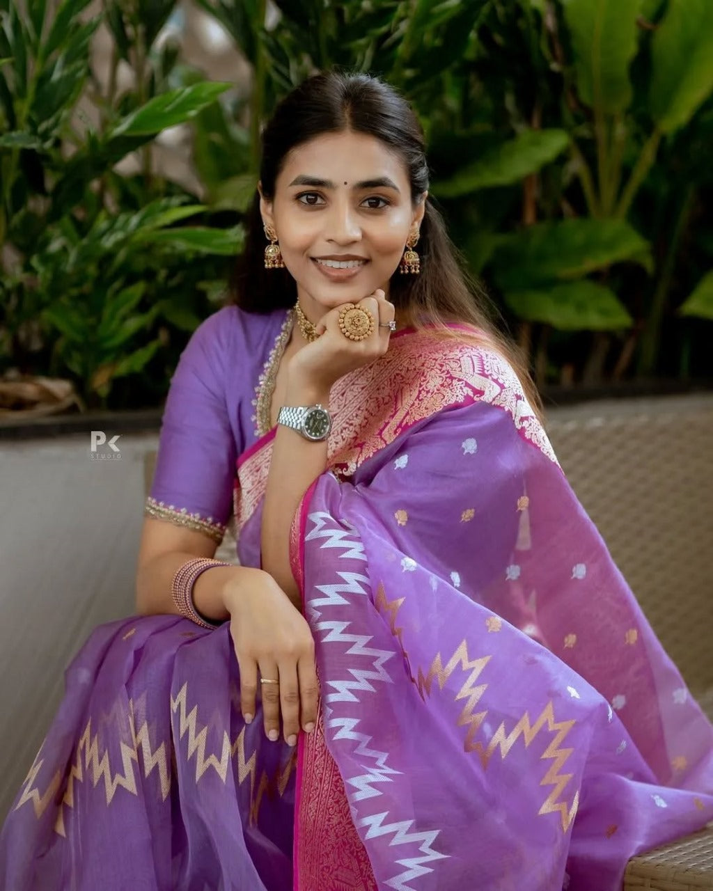 Lavender Sheer Saree with Pink Zari Border & Ikat Motifs