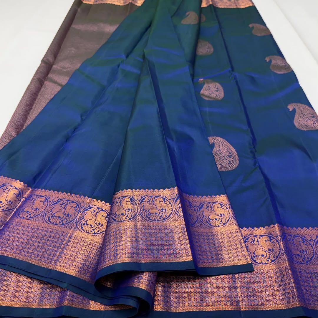 Blue Kanjivaram Saree with Rose Gold Zari Motifs