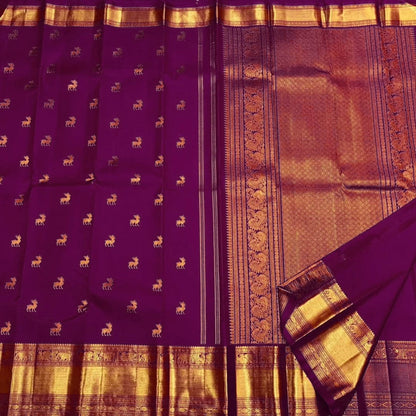 Pure Purple Kanjivaram Saree with Golden Deer Motifs