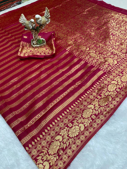 Wine Red Banarasi Silk Saree with Zari Stripes & Floral Weave