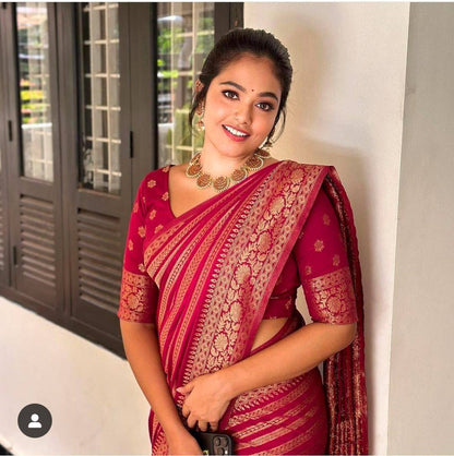 Wine Red Banarasi Silk Saree with Zari Stripes & Floral Weave