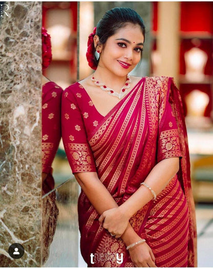 Wine Red Banarasi Silk Saree with Zari Stripes & Floral Weave