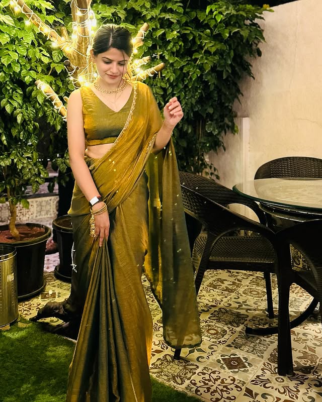 Olive Green Dual-Tone Satin Saree with Subtle Gold Finish