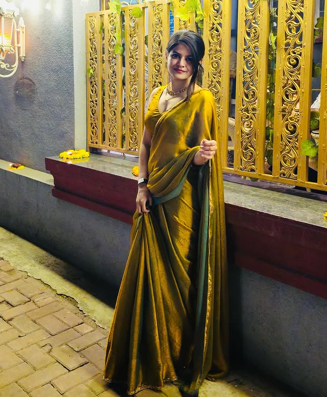 Olive Green Dual-Tone Satin Saree with Subtle Gold Finish