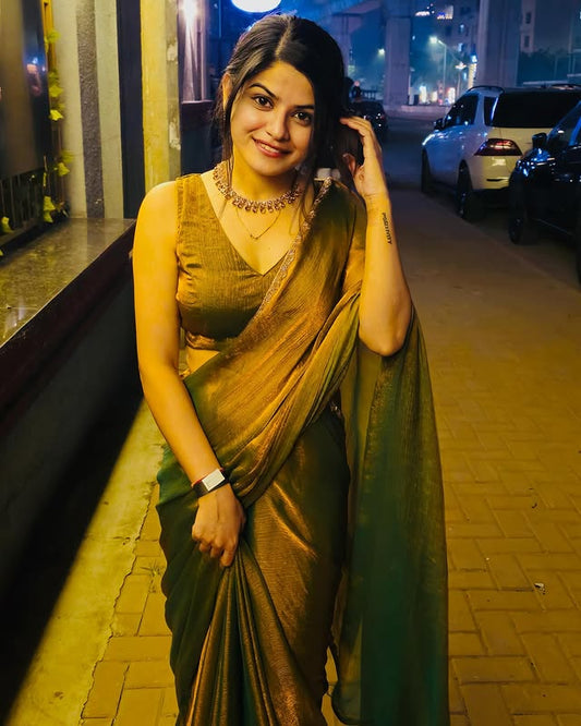 Olive Green Dual-Tone Satin Saree with Subtle Gold Finish