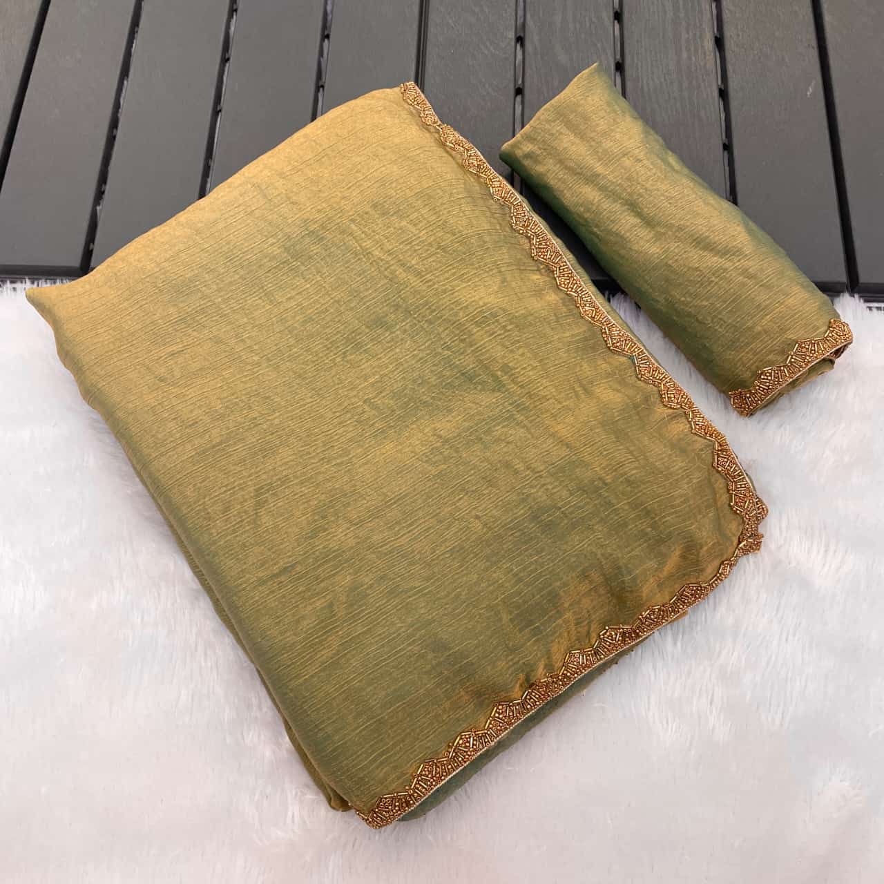 Olive Green Dual-Tone Satin Saree with Subtle Gold Finish