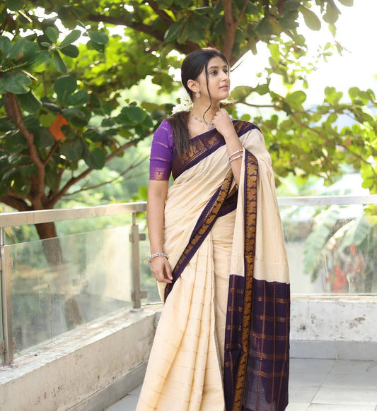 Cream & Violet Traditional Silk Saree with Gold Woven Border