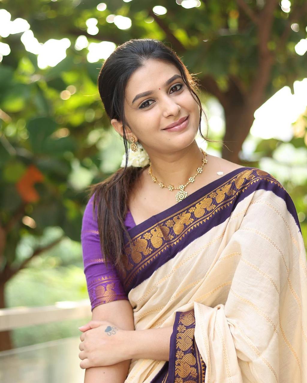 Cream & Violet Traditional Silk Saree with Gold Woven Border