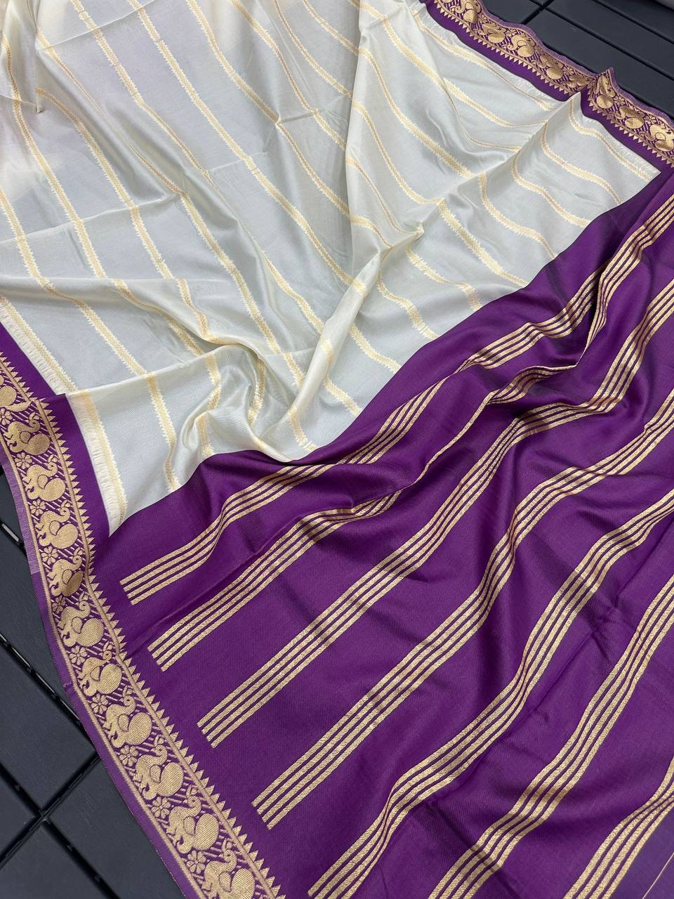 Cream & Violet Traditional Silk Saree with Gold Woven Border