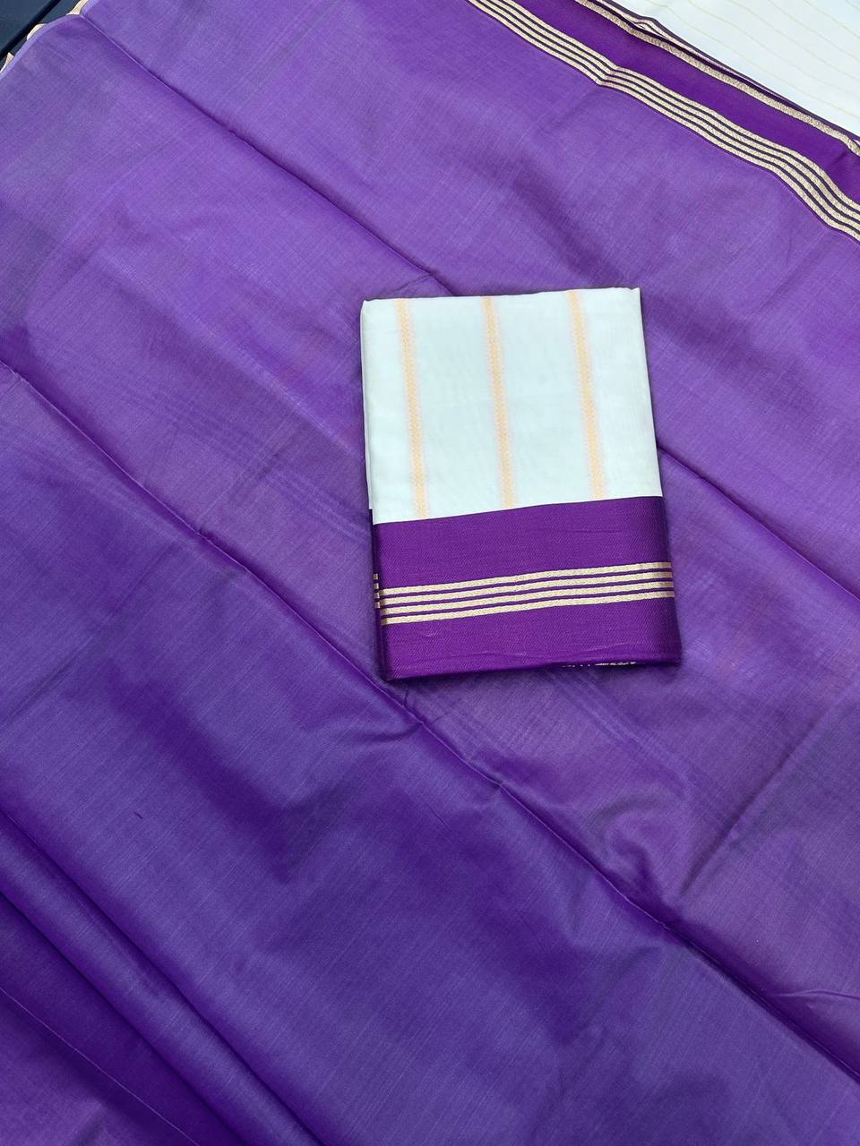 Cream & Violet Traditional Silk Saree with Gold Woven Border