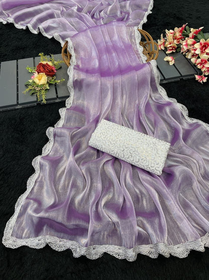 Lavender Shimmer Organza Saree with Silver Lace Border