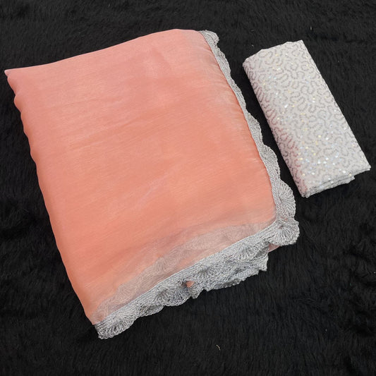 Orange  Shimmer Organza Saree with Silver Lace Border