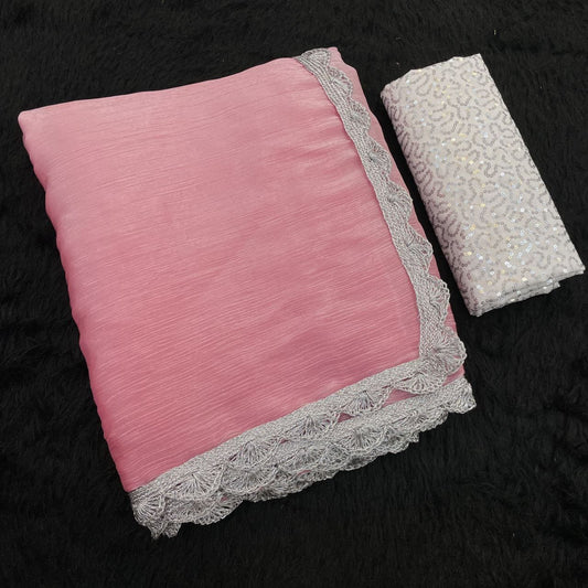 Pink Shimmer Organza Saree with Silver Lace Border