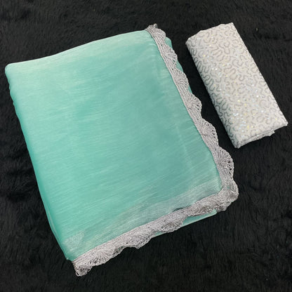 Sky Blue Shimmer Organza Saree with Silver Lace Border