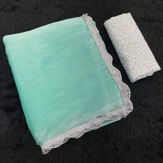Sky Blue Shimmer Organza Saree with Silver Lace Border
