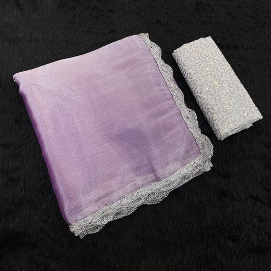 Lavender Shimmer Organza Saree with Silver Lace Border