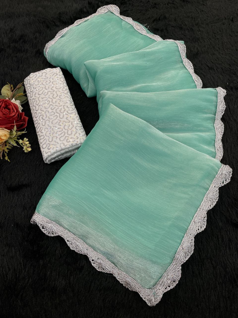 Sky Blue Shimmer Organza Saree with Silver Lace Border