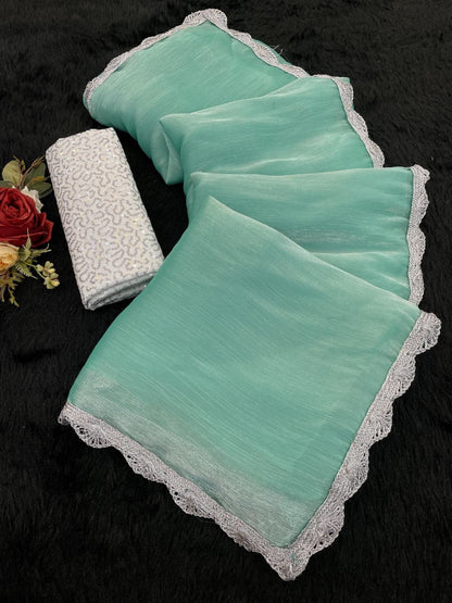 Sky Blue Shimmer Organza Saree with Silver Lace Border