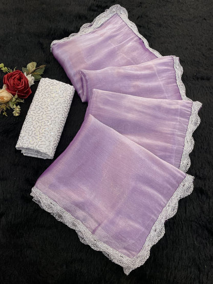 Lavender Shimmer Organza Saree with Silver Lace Border