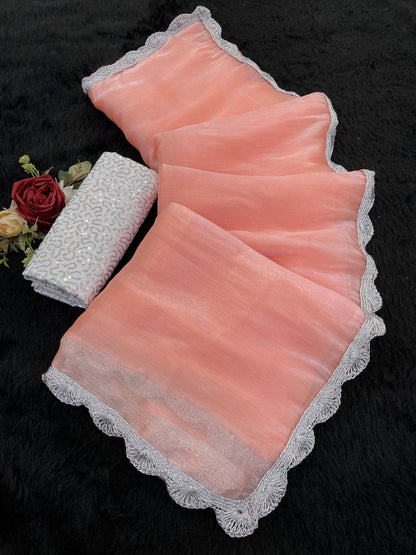 Orange  Shimmer Organza Saree with Silver Lace Border