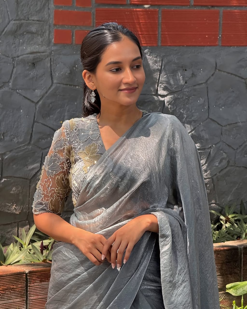 Slate Grey Crushed Organza Saree with Sequin Embroidered Blouse