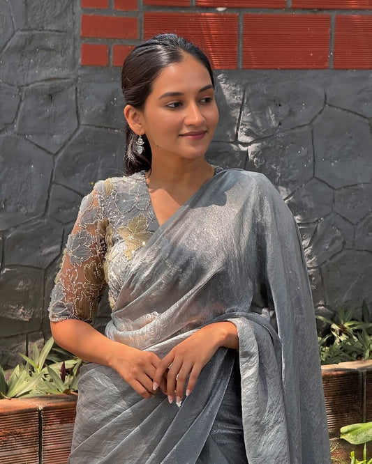 Slate Grey Crushed Organza Saree with Sequin Embroidered Blouse