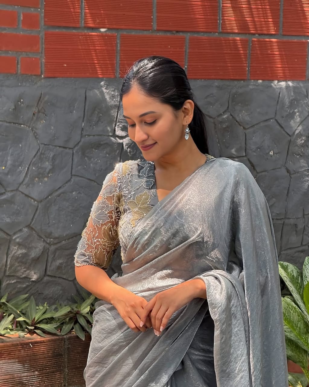 Slate Grey Crushed Organza Saree with Sequin Embroidered Blouse