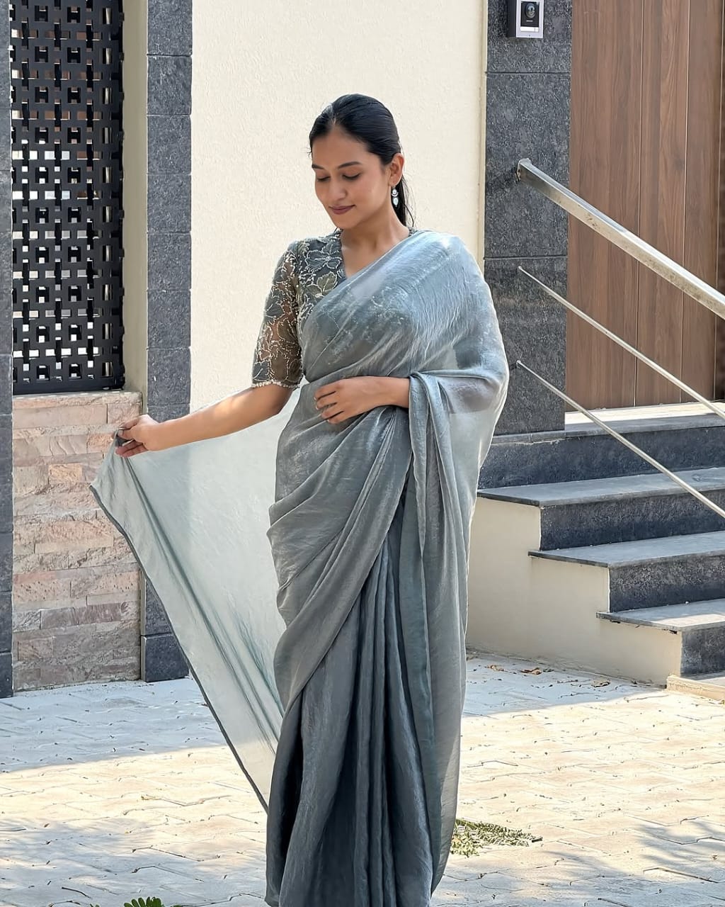 Slate Grey Crushed Organza Saree with Sequin Embroidered Blouse