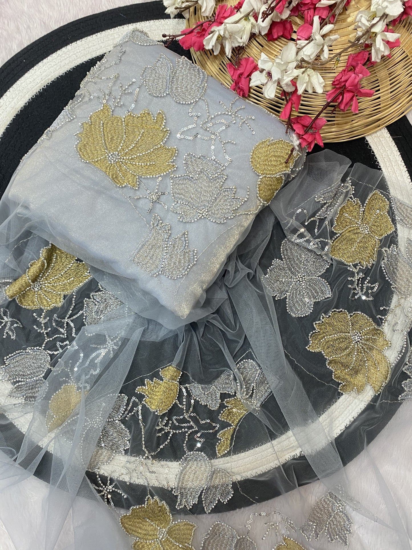 Slate Grey Crushed Organza Saree with Sequin Embroidered Blouse