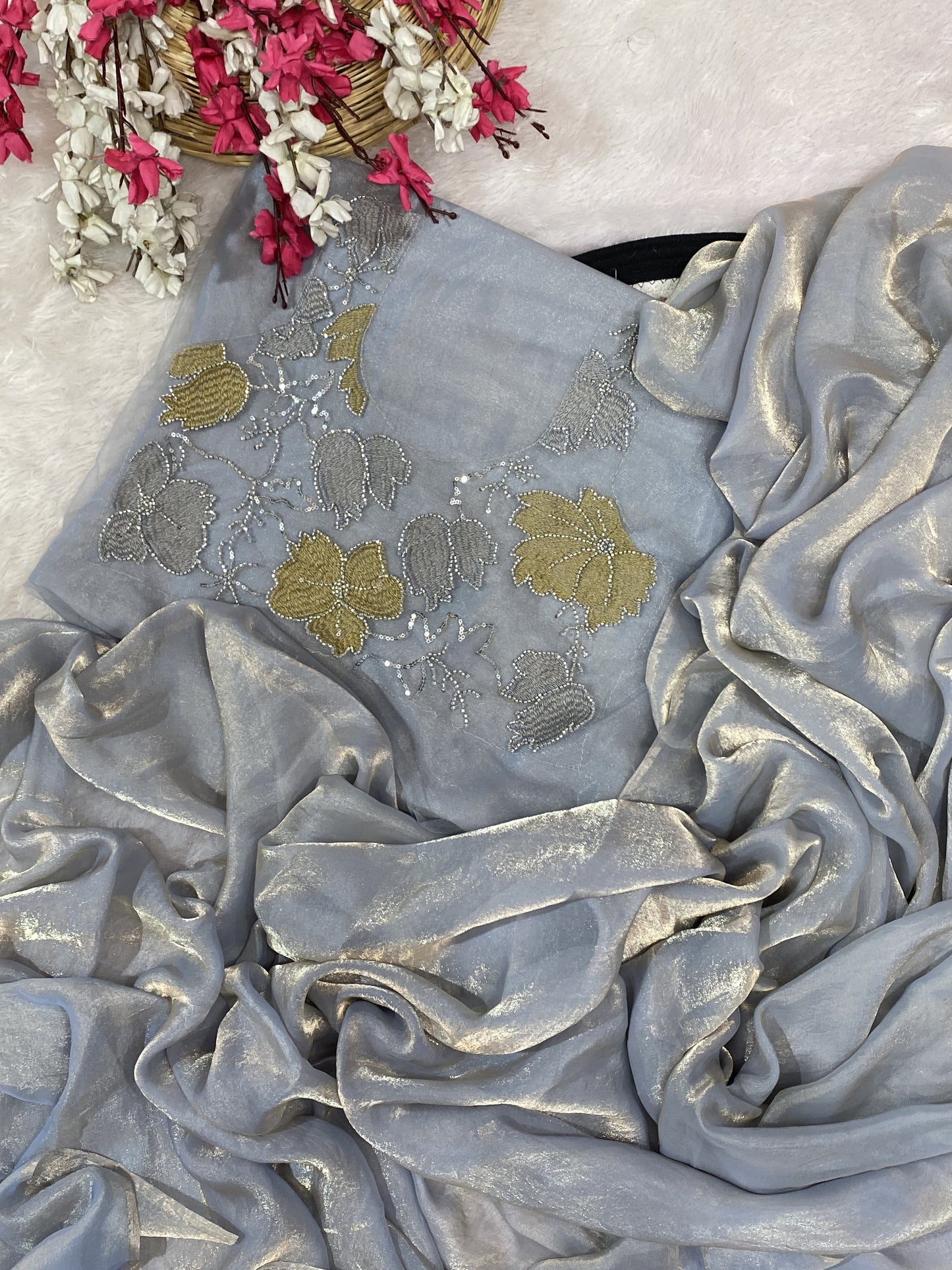 Slate Grey Crushed Organza Saree with Sequin Embroidered Blouse