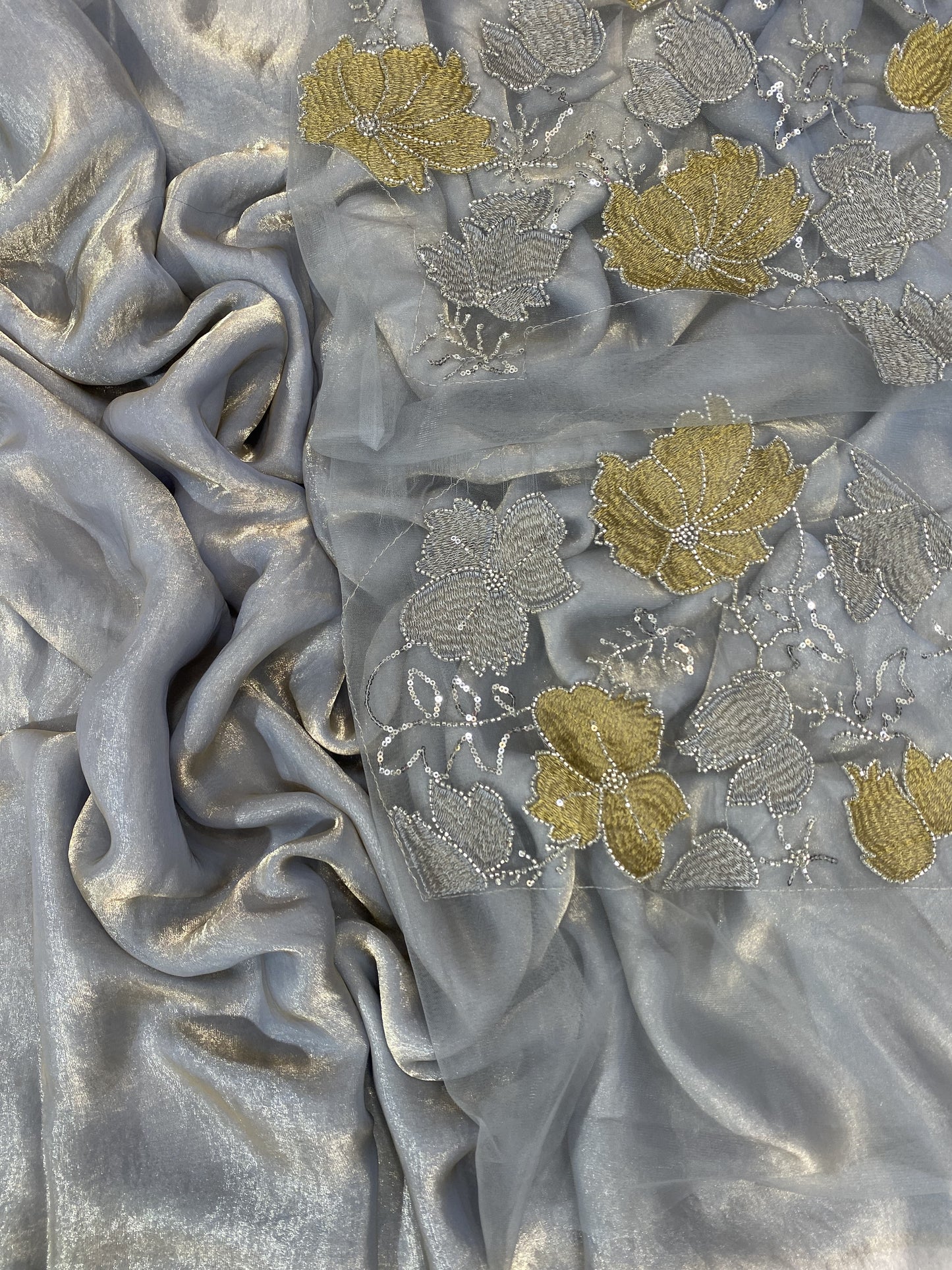 Slate Grey Crushed Organza Saree with Sequin Embroidered Blouse