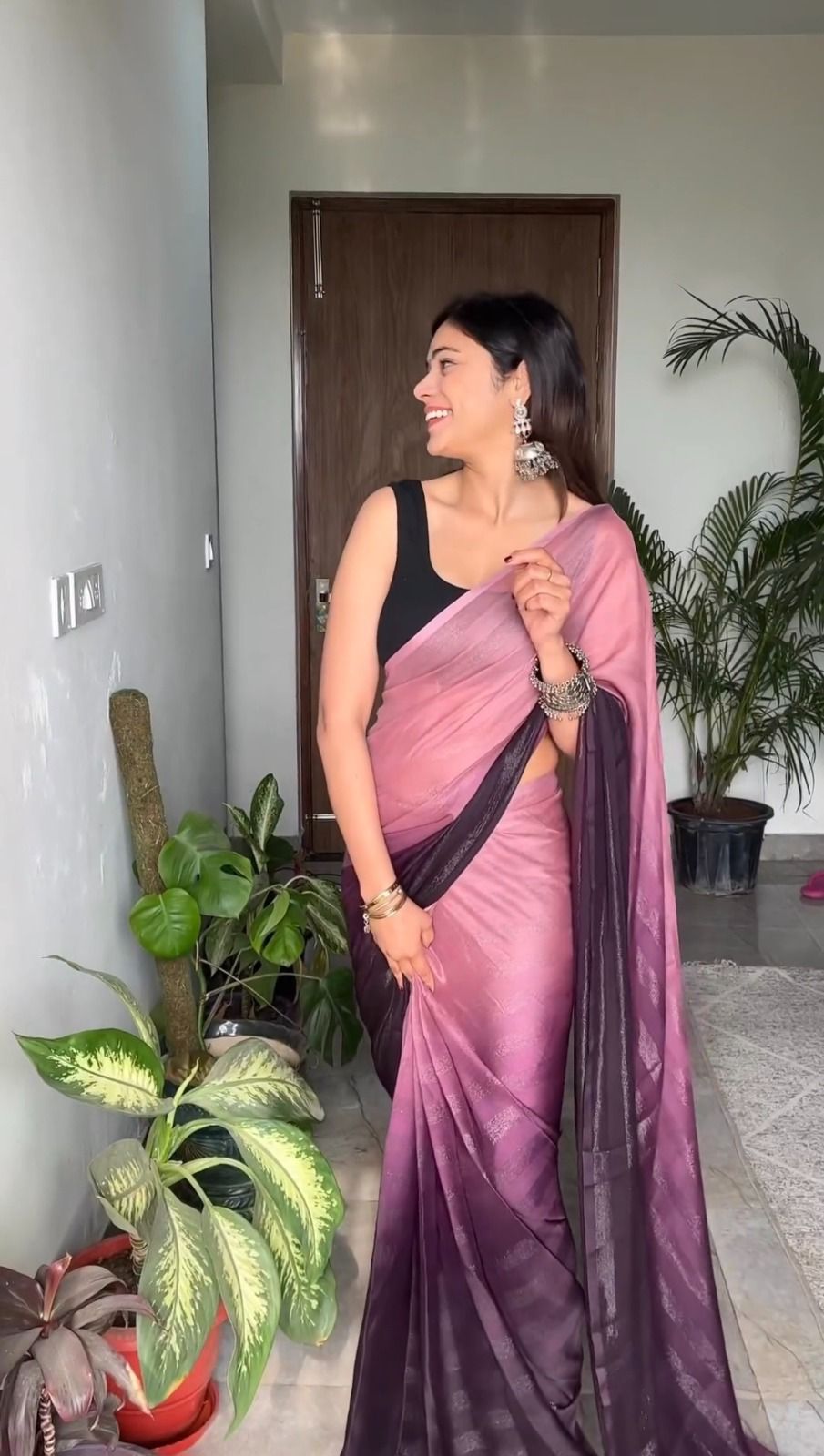 Dual-Tone Mauve to Plum Satin Saree – Soft Flow & Modern Drape