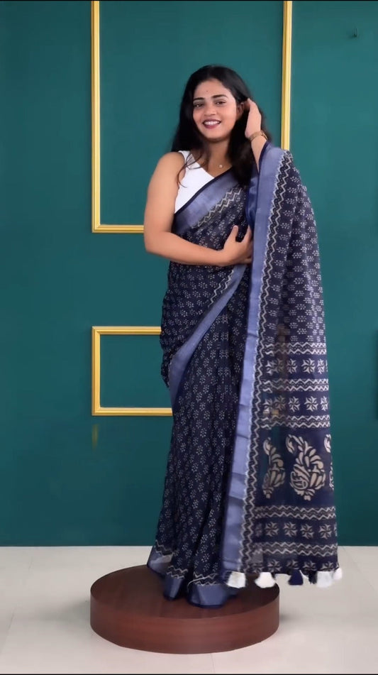 Indigo Charm Cotton Saree – Light, Subtle, Everyday Style