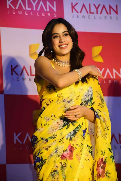 Sunlit Bloom Yellow Georgette Saree – Fresh, Flowing, Floral