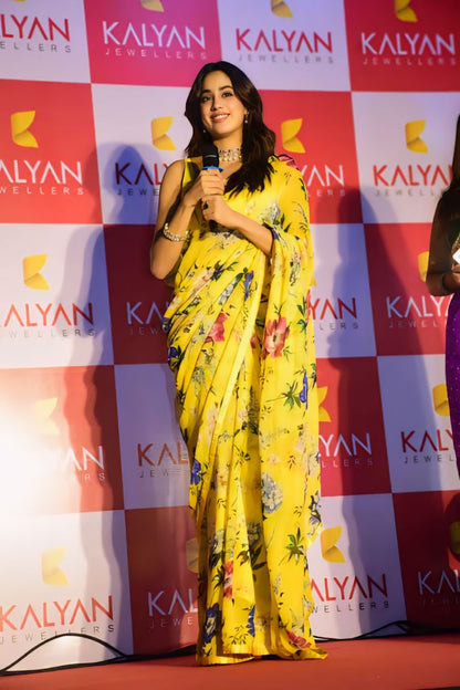 Sunlit Bloom Yellow Georgette Saree – Fresh, Flowing, Floral