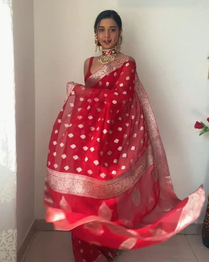 Scarlet Red Banarasi Saree with Zari Buttas and Floral Border