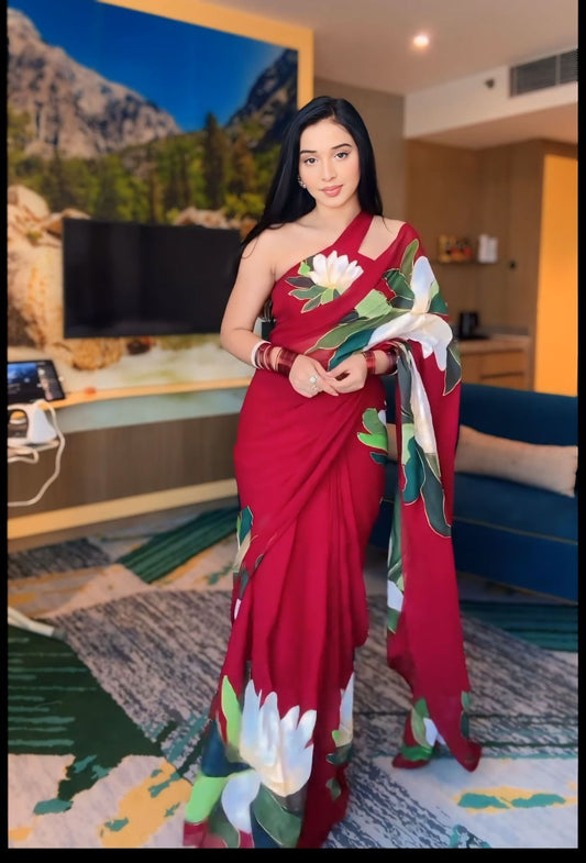 Ruby Bloom Georgette Saree with Bold Floral Print