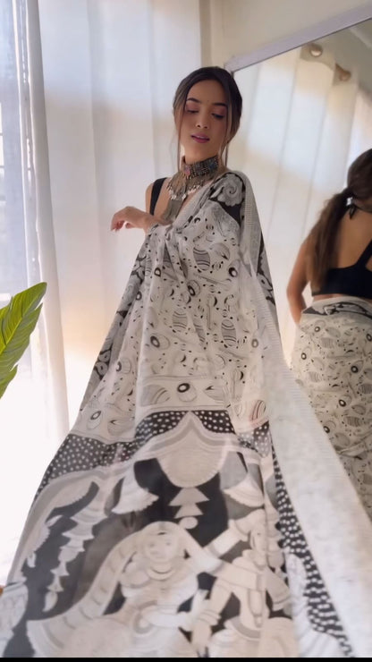 Tribal Sketch Cotton Saree in Black & White