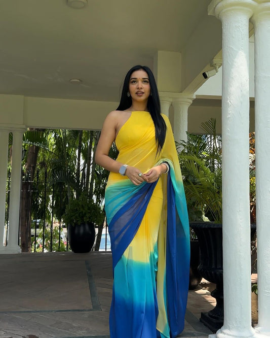 Zyra Yellow-Blue Ombre Georgette Saree