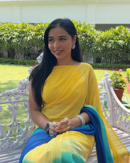 Zyra Yellow-Blue Ombre Georgette Saree