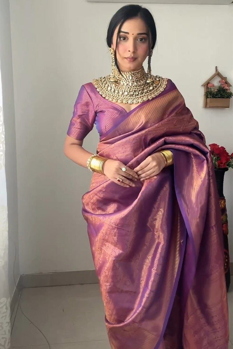 Elvani Violet Gold Banarasi Silk Saree